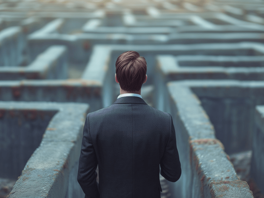 A man in a suit stands at the edge of a large, complex maze, looking forward.