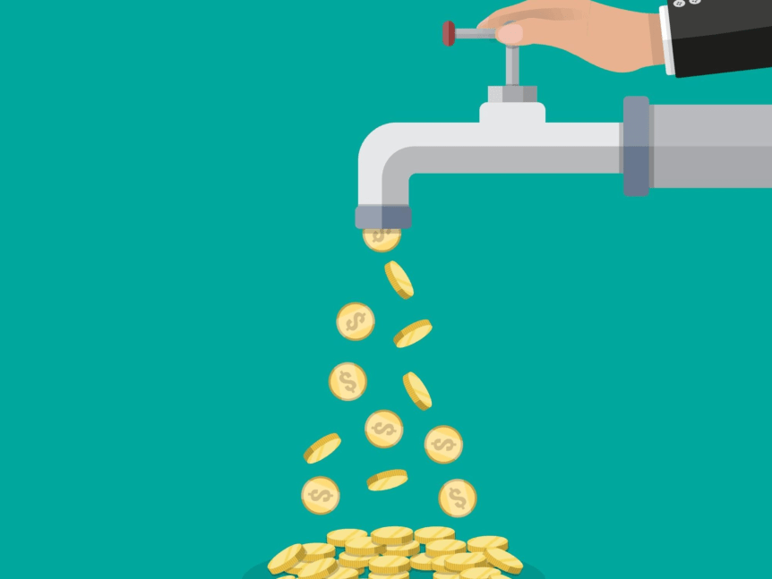 A hand turns a faucet that releases coins instead of water against a teal background.