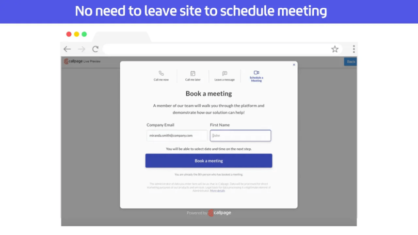 A meeting booking form is displayed on a webpage, showing fields for company email and first name with a submit button, under the text "No need to leave site to schedule meeting.